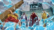 Kizaru (background right) seen alongside Admirals Akainu (background center) and Aokiji (background left) when confronted by Luffy (foreground left) in the Marineford Arc (Image Credit: Toei Animation)